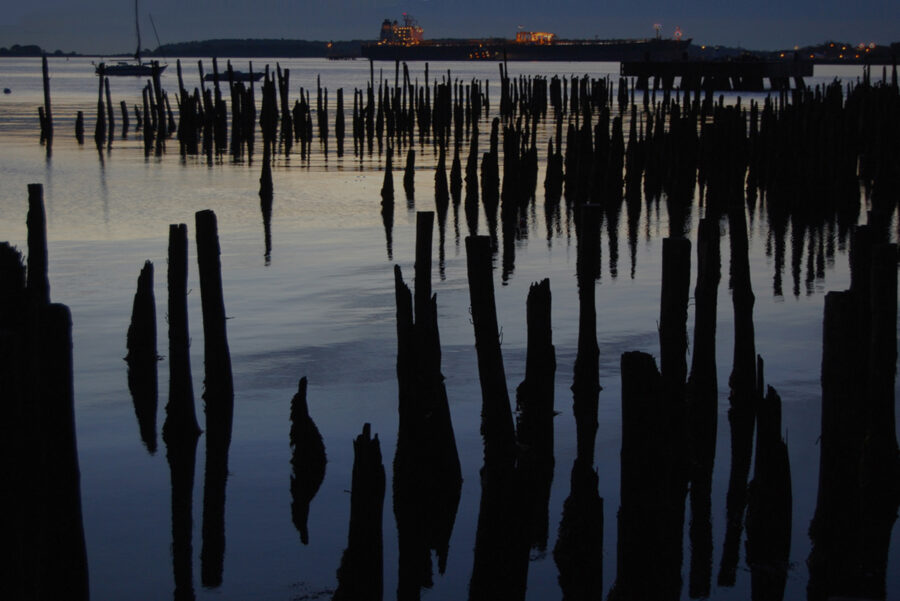 Old wharf pilings in Portland Maine at dawn