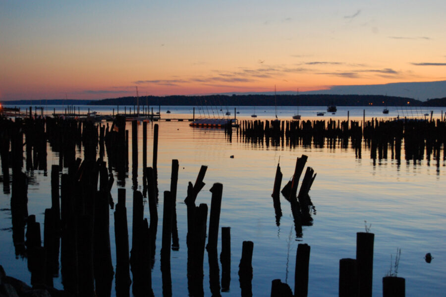 Old wharf pilings in Portland Maine at dawn